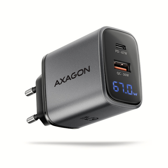 AXAGON ACU-PQ67D, GaN nabíjačka do siete 67W, výstup USB-A + USB-C, PD3.0/PPS/QC4+/SFC2.0/Apple, LCD display AXAGON ACU-PQ67D, GaN nabíjačka do siete 67W, výstup USB-A + USB-C, PD3.0/PPS/QC4+/SFC2.0/Apple, LCD display