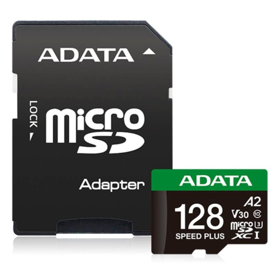 ADATA MicroSDXC karta 128GB Speed Plus, U3, C10, A2, V30 (R:180/W:160 MB/s) + SD adaptér