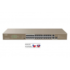 Tenda TEF1126P-24-410W - PoE AT Switch 370Watt, 24xRJ45 10/100 Mbps PoE, 2x Gigabit Uplink RJ45/SFP, bez ventilátora, kov