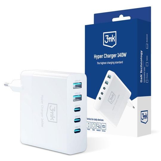 3mk síťová nabíječka - Hyper Charger 140W, GaN 3x USB-C (PD) / 2x USB, bílá