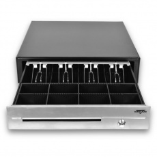 Pokladničná zásuvka Virtuos C430D - s káblom, kovové držiaky, nerezový panel, 9-24V, čierna