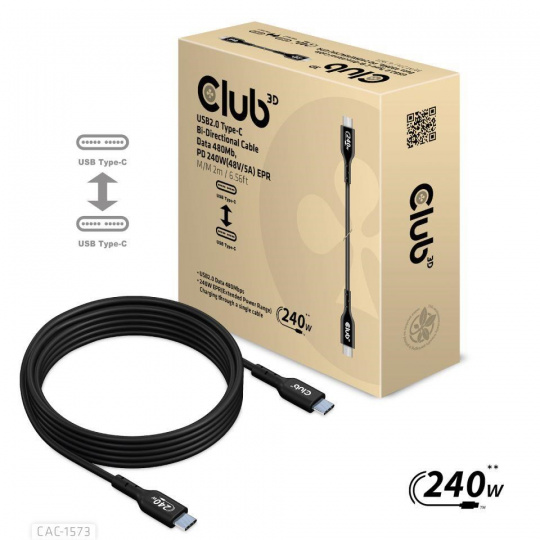 Club3D kabel USB-C, Oboustranný USB-IF Certifikovaný data kabel, Data 480Mb,PD 240W(48V/5A) EPR M/M 2m