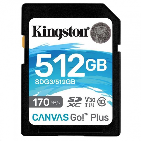 Kingston MicroSDXC karta 512GB Canvas Go! Plus, R:170/W:90MB/s, Class 10, UHS-I, U3, V30, A2 + Adaptér