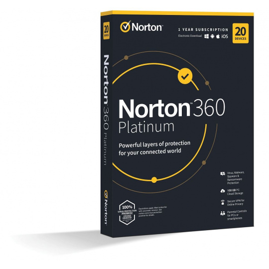 NORTON 360 PLATINUM 100 GB +VPN 1 používateľ pre 20 zariadení na 1 rok ESD