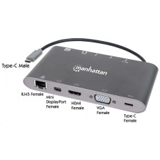 MANHATTAN Dokovacia stanica USB-C na HDMI, Mini DP, VGA, 3xUSB 3.0, port USB-C PD, RJ 45, čítačka kariet, 3,5 mm