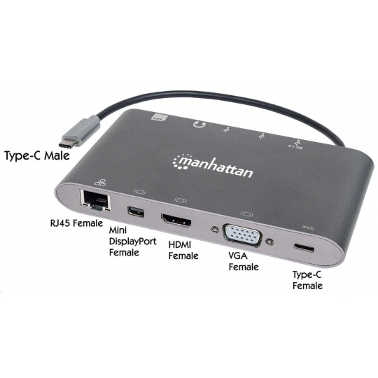MANHATTAN Dokovacia stanica USB-C na HDMI, Mini DP, VGA, 3xUSB 3.0, port USB-C PD, RJ 45, čítačka kariet, 3,5 mm
