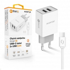 Aligator síťová nabíječka, 2x USB, kabel USB-C 2A, smart IC, 2,4 A, bílá