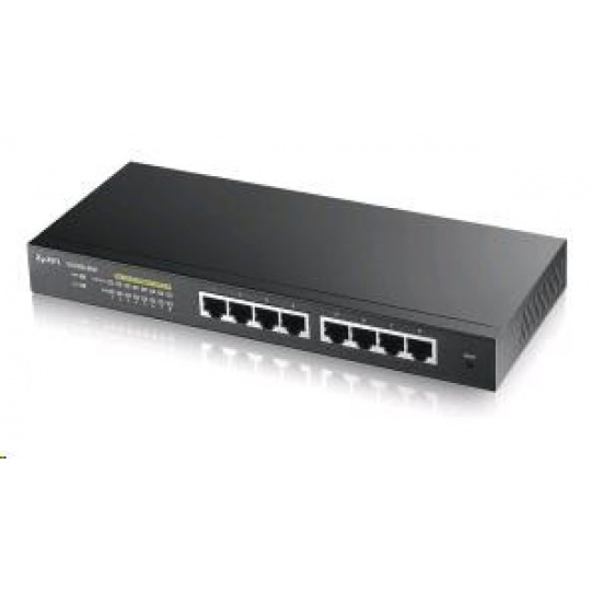 Zyxel GS1900-8HP v3 8-portový stolový gigabitový webový inteligentný PoE switch: 8x Gigabit metal, IPv6, PoE budget 70W, bez ventilátora